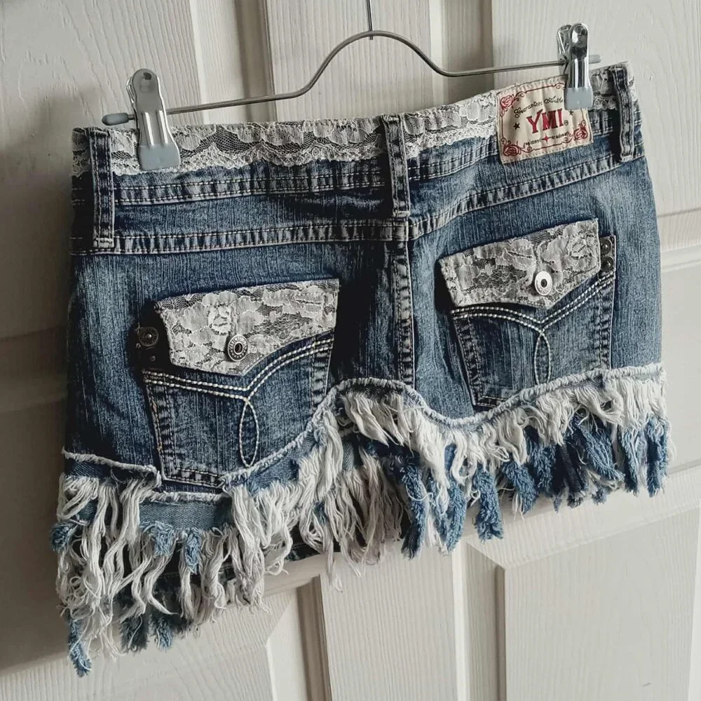 YMI Distressed Lace & Fringe Micro Denim Skirt - Picture 3 of 8